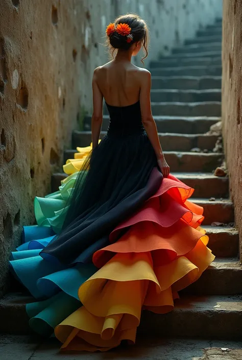 “ This image depicts an elegant, surreal scene of a woman ascending a stone staircase in a dimly lit, textured setting. Her back is to the viewer, showcasing her strapless black dress that transforms into a cascading rainbow of layered, petal-like ruffles....