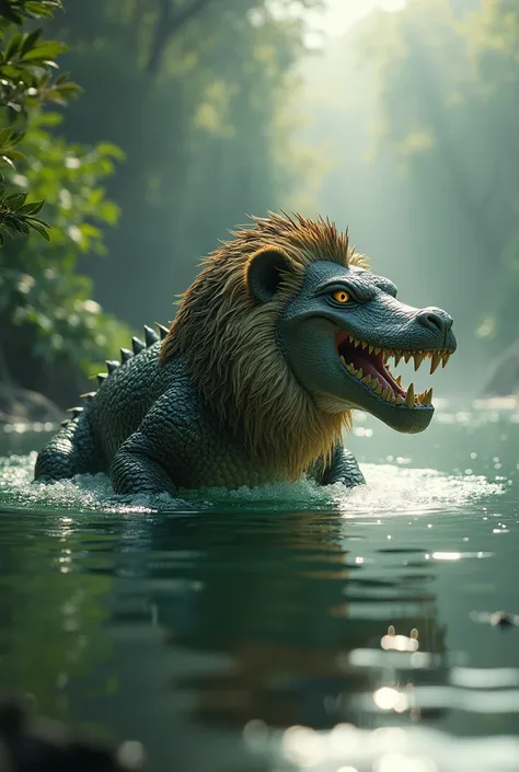 Create an image of hybrid between crocodile and lion in lake