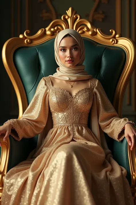 beautiful muslim woman, wearing luxurious and beautiful Muslim clothes, shiny smooth gold dress, sitting in a large queen chair, looking at the camera, photorealistic