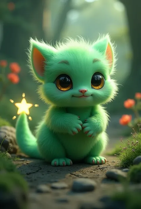 I will repeat my request. Green fluffy alien, hands and feet are paws, long tail at the end is a star 