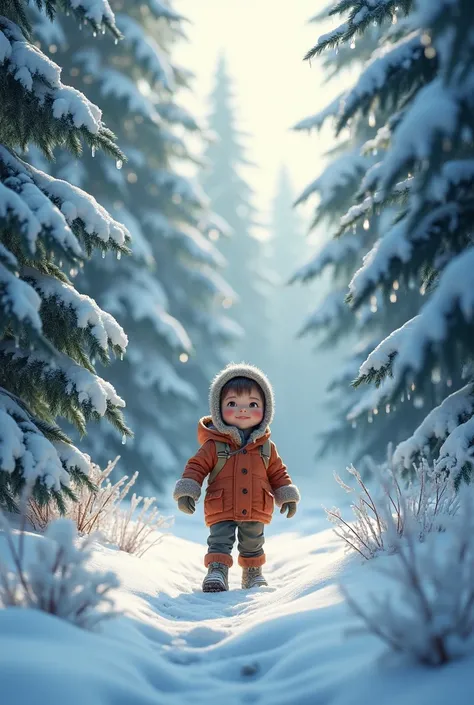 Draw a boy in the winter forest