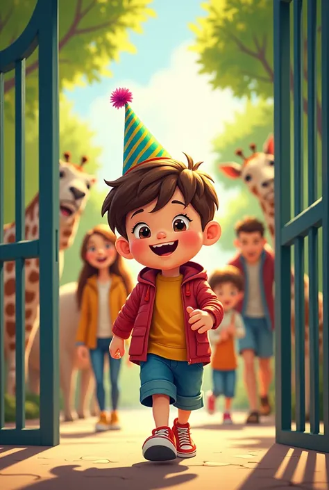 - A colorful illustration of Benny, a smiling  with a big birthday hat, walking through the zoo gates with his family.