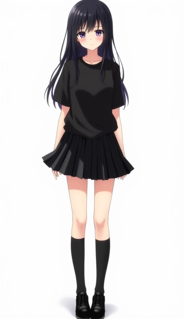 Anime teenage woman with long black hair and purple eyes wearing black t-shirt clothing and wearing a black leather skirt and knee-length black socks and black leather shoes with a white background and full body 