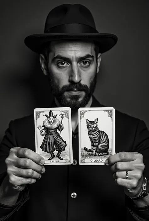 there is a man holding two cards with a drawing of a clown and a cat, a portrait by Joseph Pisani, tumblr, realism, tarot!!, cards, playing cards, photo taken in 2 0 2 0, [ tarot card ]!!!!!, black light, jester themed, jester, tarot cards, wizard shufflin...