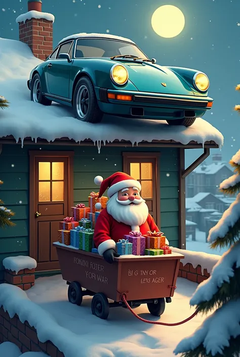  Santa Claus with a cart full of presents. Its a PORSCHE upstairs with  