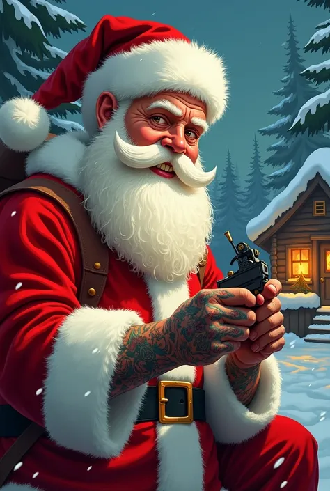 Give me a image Santa Claus Holding tattoou gun