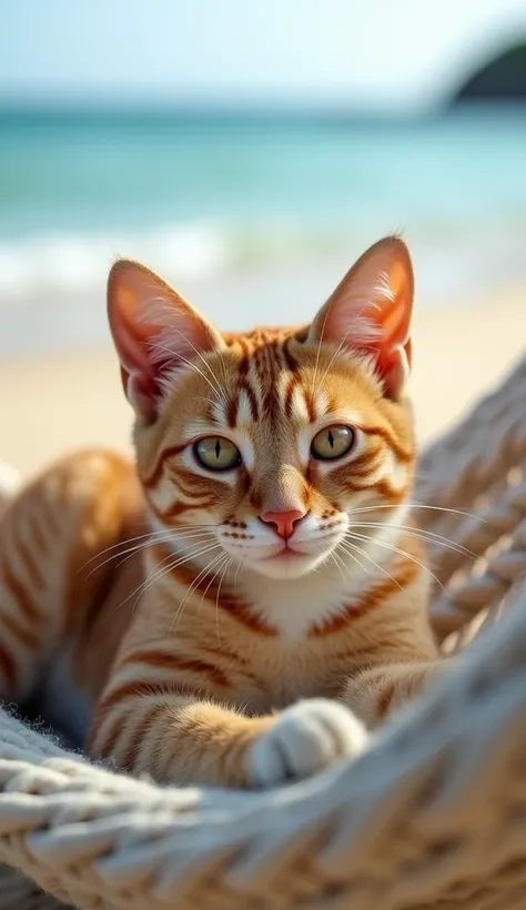 A close-up of a cute cat lying on a hammock, with a beach in the background. The cat is looking directly at the camera with a relaxed expression. The setting captures a tranquil vibe, with realistic details of the hammocks texture, the sandy beach, and the...