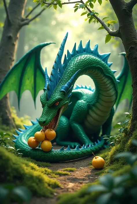 A realistic big green dragon with blue accents in a magical green forest eating pears (1400s style)