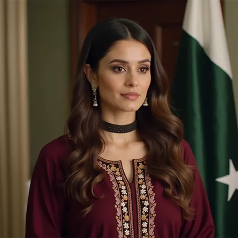 a woman dressed in a maroon traditional outfit with intricate embroidery. She has long brown hair, subtle makeup, and is wearing earrings and a choker necklace. In the background, there is a flag that seems to resemble the Pakistani flag. The setting looks...