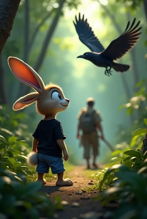 Scene 4: Crow Watching the Hunter

"A high-angle view of the jungle with a sharp-eyed crow flying above, keeping an eye on the hunter in rugged clothes walking in the distance. Below, the Pixar-style rabbit cub, with its fluffy mane, big blue eyes, black t...