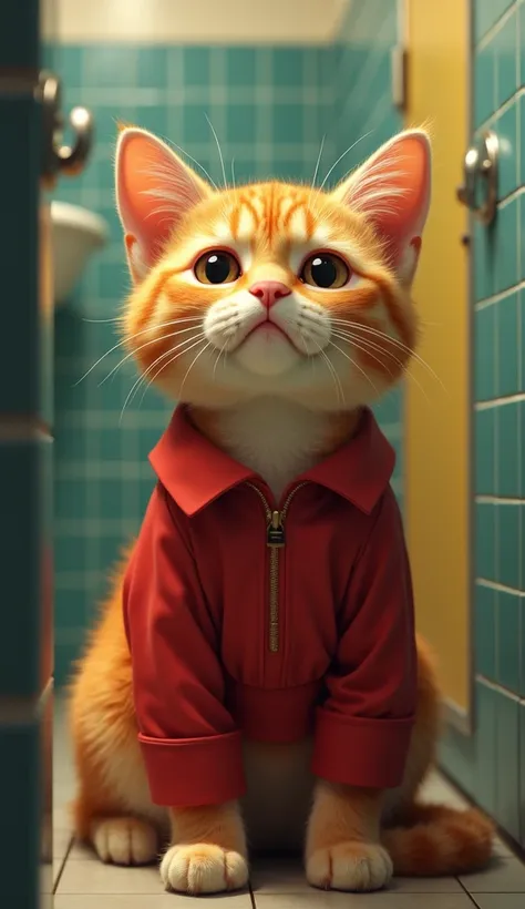 Orange cat in a red blouse goes to the school bathroom crying to get cleaned