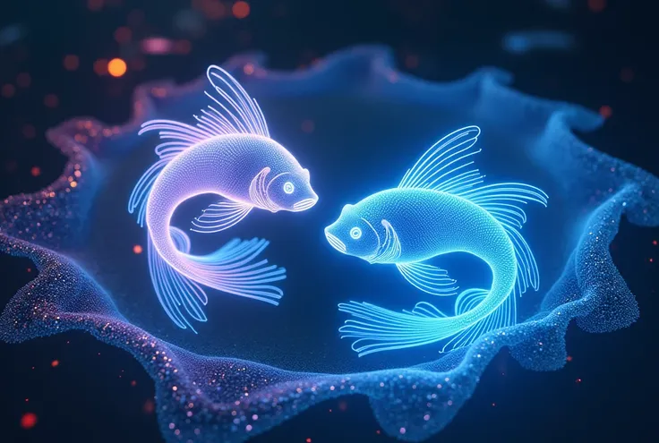 Pisces (The Fish)

"Two abstract fish made of radiant, swirling neon light, swimming in a circular pattern to same direction, their fins blending into vibrant blue and pink fractal waves."