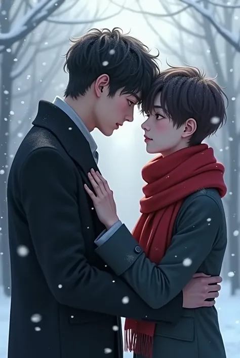 Jimin, 18 years old, wearing a red scarf and Jungkook’s black long coat, standing face to face ,Jungkook, 25 years old, in a snowy setting, holding hands.