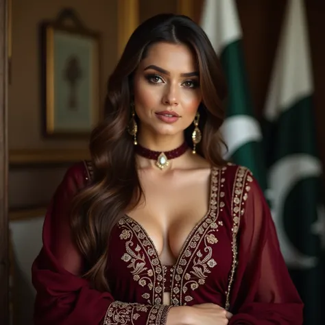 a woman dressed in a maroon traditional outfit with intricate embroidery with revealing breast. She has long brown hair, subtle makeup, and large breast is wearing earrings and a choker necklace. In the background, there is a flag that seems to resemble th...