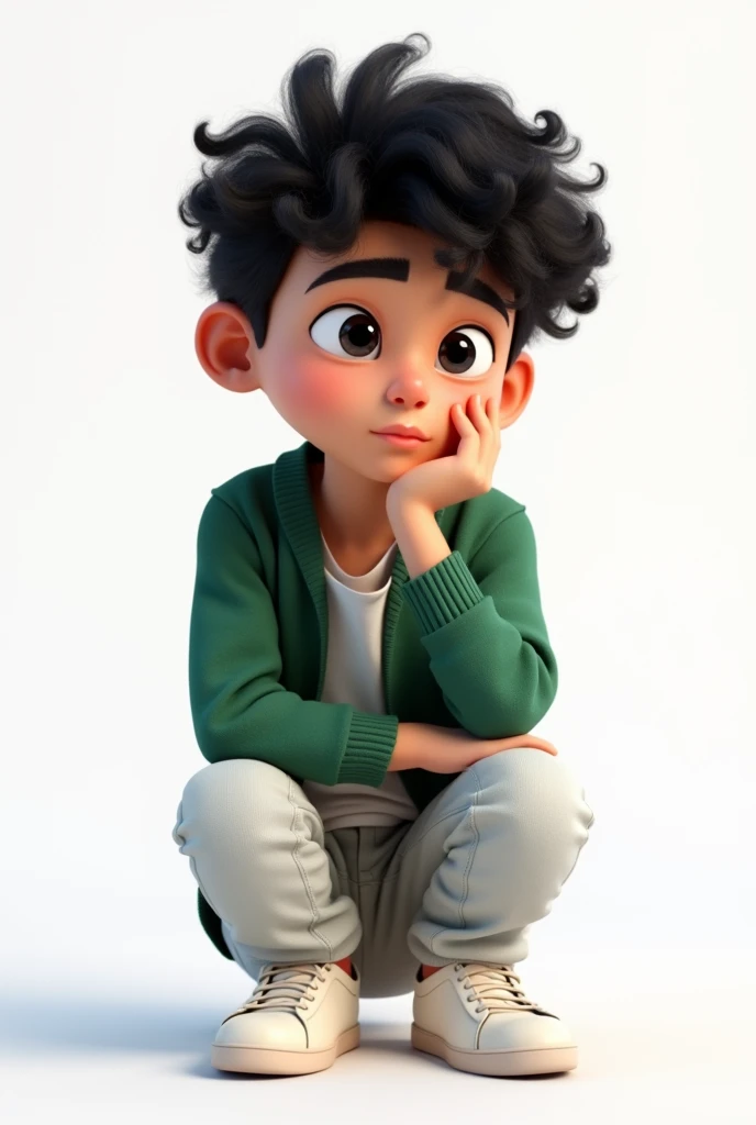 "3D render of a  boy named Heyder. He has black curly hair and black eyes, wearing a green cardigan, white jeans, and white sneakers. The boy is sitting down, looking thoughtful and reflective. The character is fully detailed with realistic textures and li...