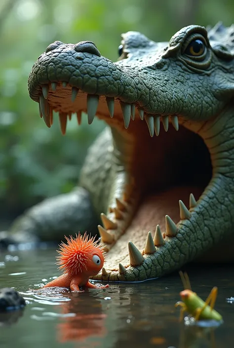 Baby sea urchin drinking water near crocodiles mouth Dangerous man Grasshopper in danger