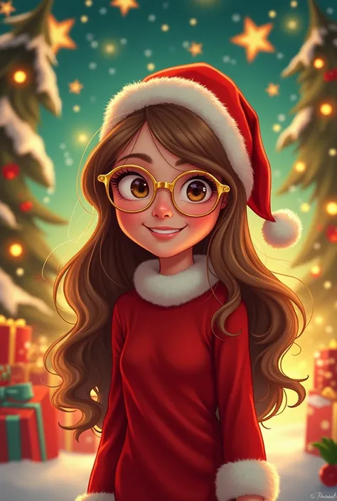 “A Christmas-themed cartoon illustration featuring a girl with long wavy light brown hair, gold-rimmed glasses, warm brown eyes, and a cheerful expression. She is the central focus of the image, surrounded by a sparkling festive atmosphere. The background ...