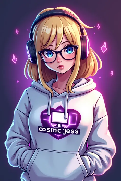 A logo of a gamer girl with blonde hair and glasses. She is wearing a white hoodie with a white and purple logo on the front. The logo is a stylized, abstract representation of a computer monitor and headphones. Below the logo, the text "cosmicjessi" is wr...