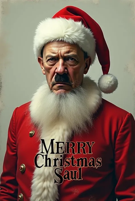 Hitler dressed as Santa Claus ,  with a text that says Merry Christmas Saul 