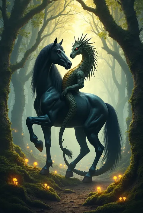 This is the result of the image of the combination of a dark horse with a dragon in a mystical forest atmosphere full of magic.