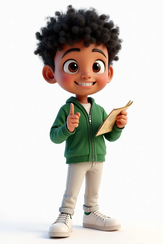 "3D render of a  boy named Heyder. He has black curly hair and black eyes, wearing a green cardigan, white jeans, and white sneakers. The boy is portrayed as a curious explorer, holding a small map or pointing forward with excitement. The character is full...