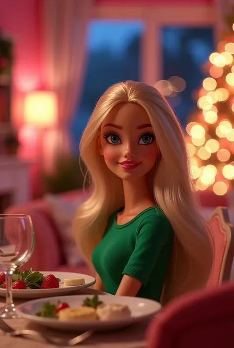 Realistic image of Barbie in a green t-shirt ,  sitting at the Christmas dinner table in her parents all-white Malibu house and a beautiful pink Christmas tree in the living room on a beautiful Christmas night 