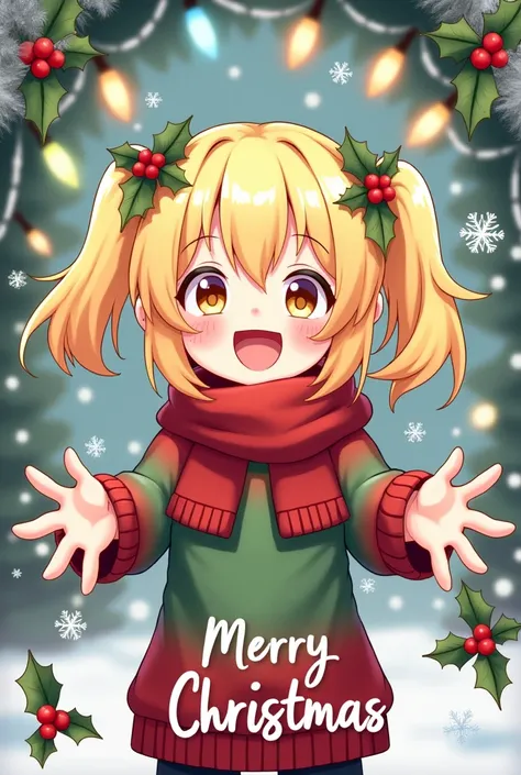 Create a postal christmas card with a very cute blond girl saying merry christmas to all Yang Guild members.