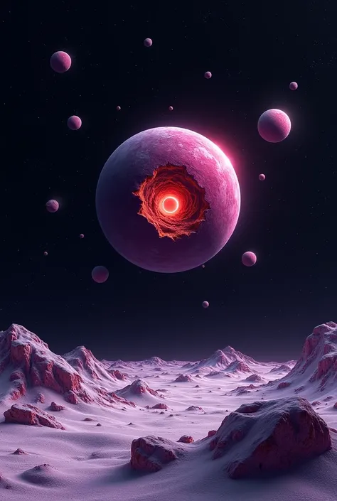 A lonely and black outer space scene, where a purple and snowy planet with one missing half can be seen. The missing half is instead a bunch of asteroids and dust orbiting the remaining planet, and the place they once occupied is taken by red hot magma and...