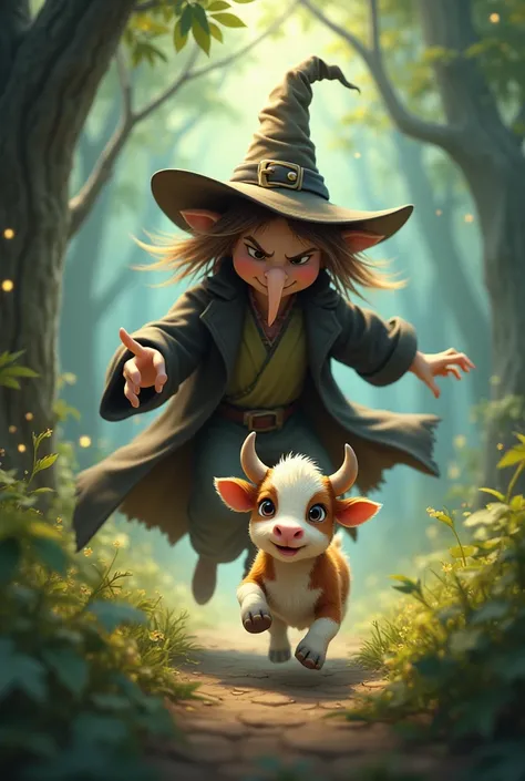 Create a high quality HD images of little cow cub "The witch chased behind, screaming, Give them back!"

