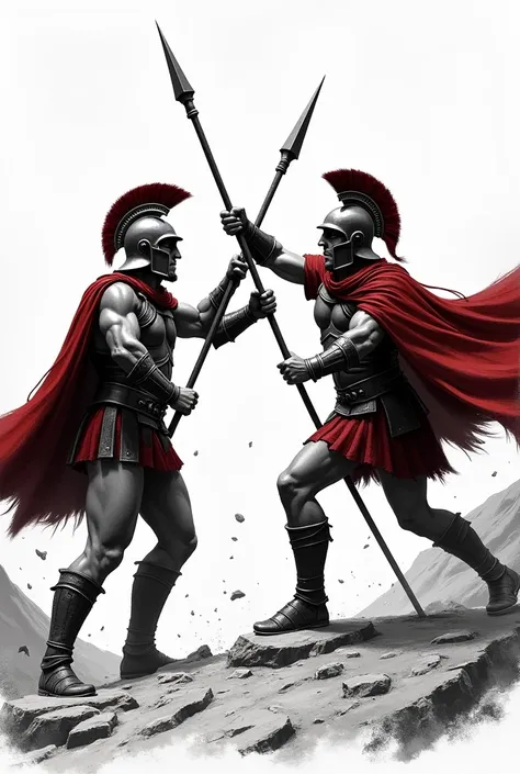 two spartanus soldiers trying to stab each other with their spears, black and white, illustrated