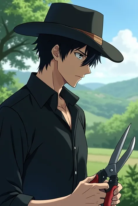 Male anime black hair black shirt in puyas hands cowboy hat profile