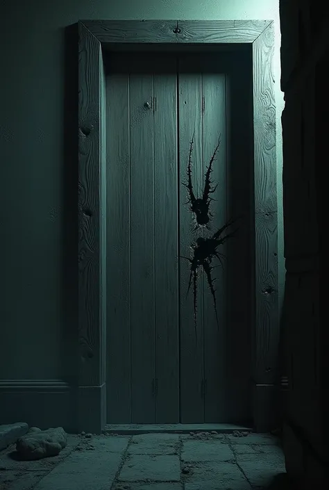 . Focus on a wooden door ,  where deep claw marks slowly appear,  as if something were scratching it by a werewolf 