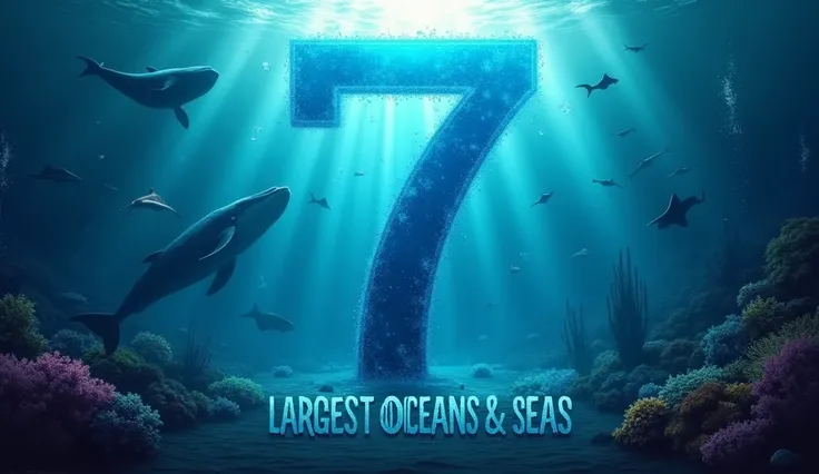 "Design a thumbnail showing an underwater scene featuring the vastness of the seven largest oceans and seas. Include a deep-sea view with coral reefs, whales, and rays of sunlight filtering through the water. The number 7 should be massive, glowing in a ra...