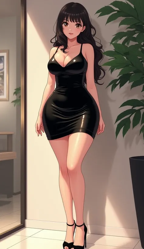  anime girl.  Full length from head to toe . 27 years old. Short black silky shiny dress .  Black shiny shoes open-toe heels.  Big chest and ass ,  choosing from a dress .  thin waist.