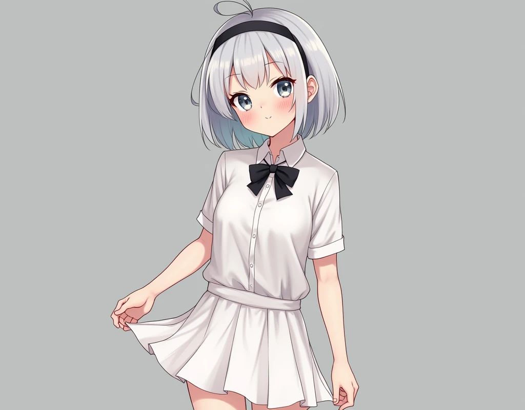   A female character with short gray hair . Her hair is soft and calm, Wearing a black hairband on top of her head creates a sophisticated look.. A single strand of hair stands on top of her head .  Has a round face, light, clear skin, , 큰 light 회색 눈을 가지고 ...