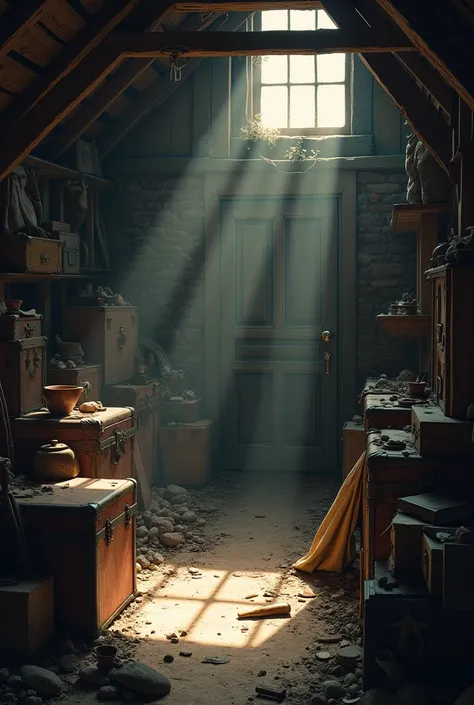 A dusty, cluttered attic with beams of light streaming through a small window. In the corner, a hidden wooden door with an ornate brass handle, surrounded by old trunks and forgotten items."