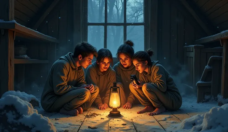 Here is a prompt to generate an image based on the French story about the haunted cabin in the Alps:
Prompt:
"A group of four friends, two men and two women, huddle together in fear around a flickering oil lamp in a dilapidated wooden cabin in the French A...