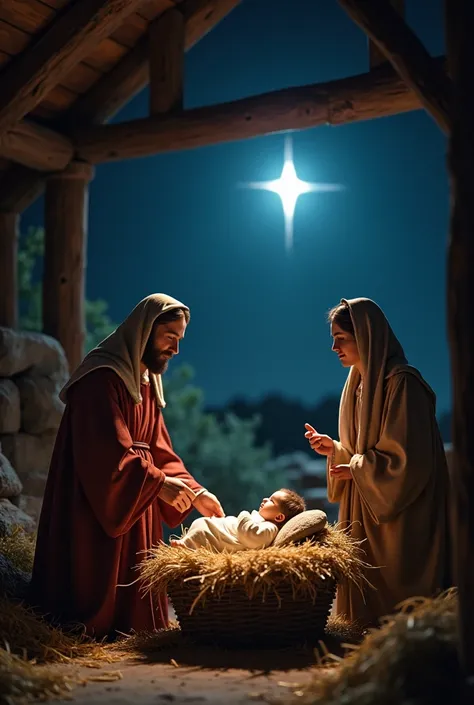 "Create an image of a humble nativity scene, depicting the birth of Jesus in a simple stable. In the foreground, the baby Jesus lies in a manger surrounded by Mary and Joseph, with a soft glow of light emanating from Him. The setting is rustic, with wooden...