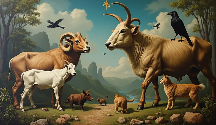 Greek Mithology style, a ram, a cow, a goat, a cat, a crow, a white cow, a fish, a boar, painting like, Mithology style, greek mythology 