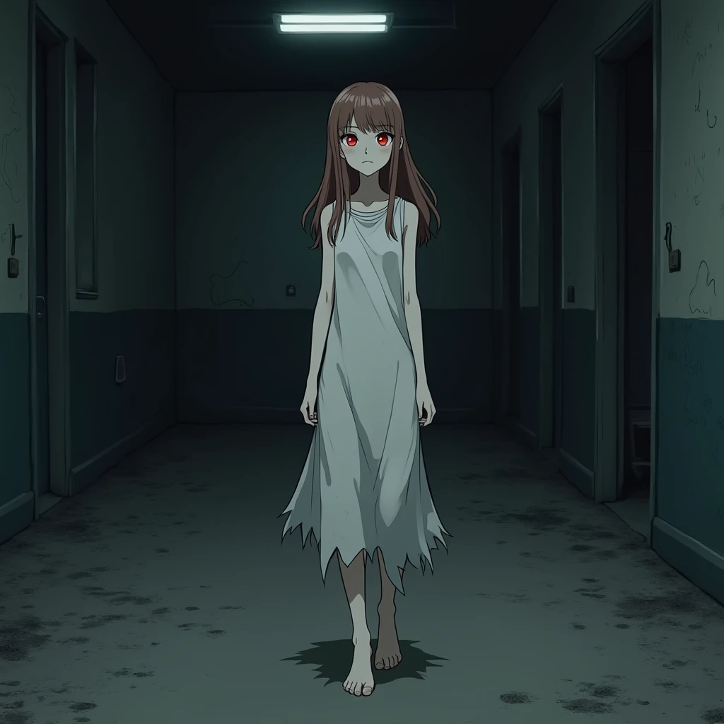  Make the anime-style image of a  ,  with pale white skin and bright red eyes . She is skinny ,  as if she were malnourished .  Her slender arms make her clothes look very big,  consisting of a white nightgown ,  rather gray by dirt , mistreated,  with bro...