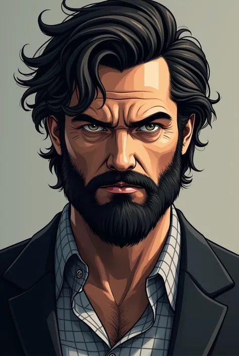 An intense and dramatic illustration of a 30 year-aged man with a thick beard and wavy hair, wearing a dark suit over a checkered shirt. The character has a serious and rugged expression, evoking a sense of mystery and power.