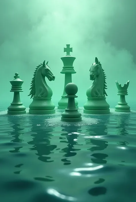  The following chess pieces in this order: A tower, a horse, a bishop , A king,  a lady and a pawn ,  all green ,  floating above an immense blue sea 