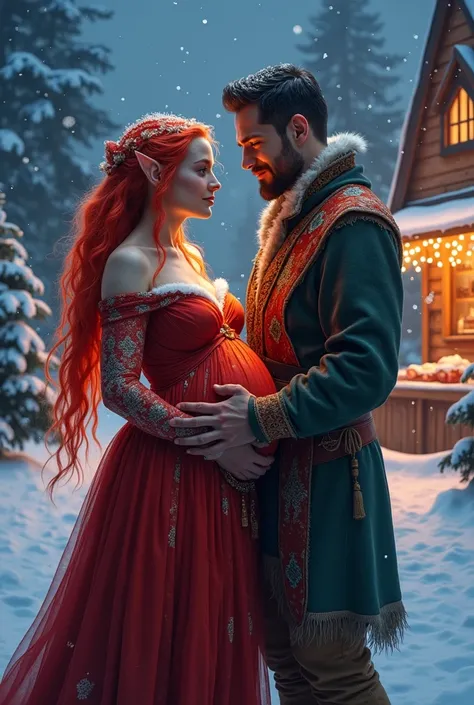 A 40-year-old elven-werewolf hybrid woman with striking red and white hair, glowing with pregnancy, stands in a magical winter landscape. Her full figure is dressed in a richly colored gown, the vibrant fabric complementing her hair’s fiery and snowy hues....