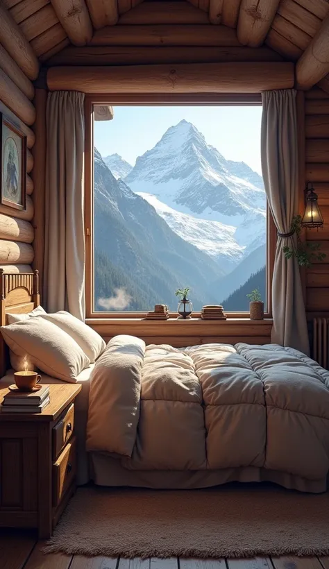 A rustic, cozy cabin room with a large window that frames a stunning view of snow-capped mountains. The bed is covered with a thick, warm quilt, a wooden desk nearby holds a stack of books and a steaming cup of herbal tea. A gentle fireplace flickers on th...