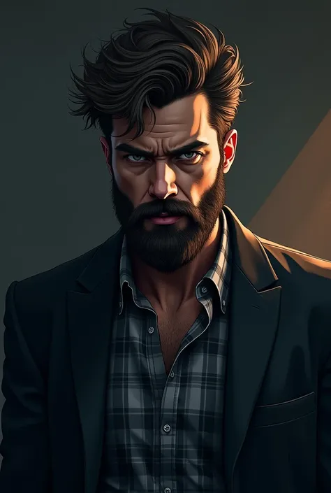 An intense and dramatic illustration of a 24 year-aged man with a thick beard and wavy hair, wearing a dark suit over a checkered shirt. The character has a serious and rugged expression, evoking a sense of mystery and power.
