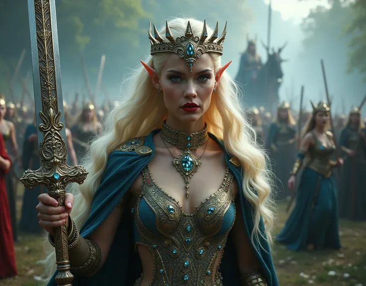 A stately blonde elf queen, with piercing blue eyes and , adorned in opulent accessories that shimmer and glitter in the light, stands resplendent in a heroic pose as she leads her elven warriors and warrioresses into the attack, her full lips painted a de...