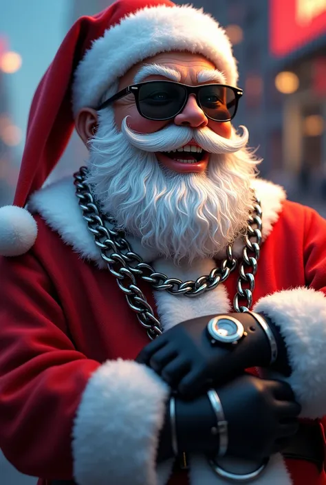 Very excited Santa Claus with dark glasses, chains around his neck and watch on his wrist 