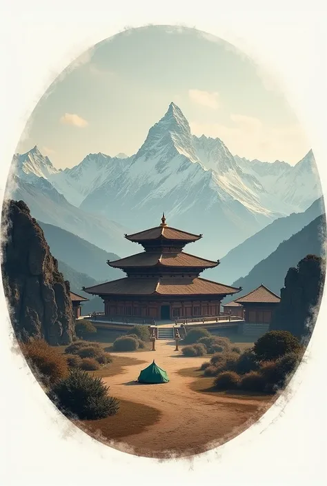 Circular image with gorkha durbar, manasulu mountain ,tent 