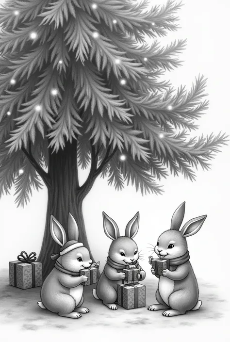 a pencil drawing of Christmas bunnies opening presents under the pine tree 