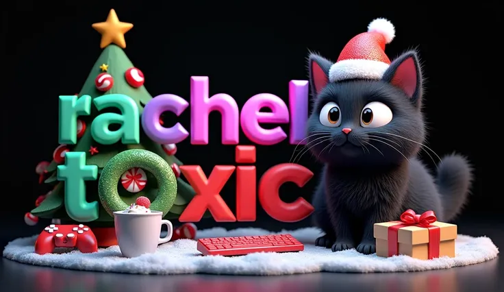 black cat,  fluffy with big eyes , Cute, 3d, on a black background, in a New Years hat , Santa Hat ,  next to big sweet letters "Rachel Toxic" green, purple, red letters, pink, blue, neon, glitter,  snow ,  christmas atmosphere , Christmas tree toys , chri...